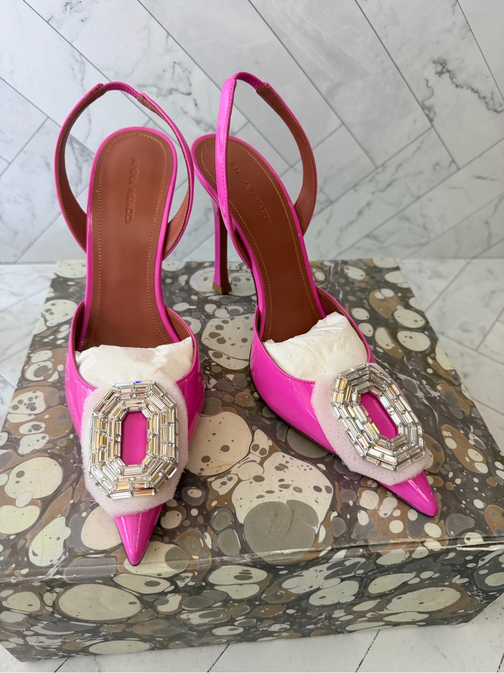 Amina Muaddi Hot Pink Pointed-Toe Slingback Heels with Crystal Buckle - Picture 7 of 10